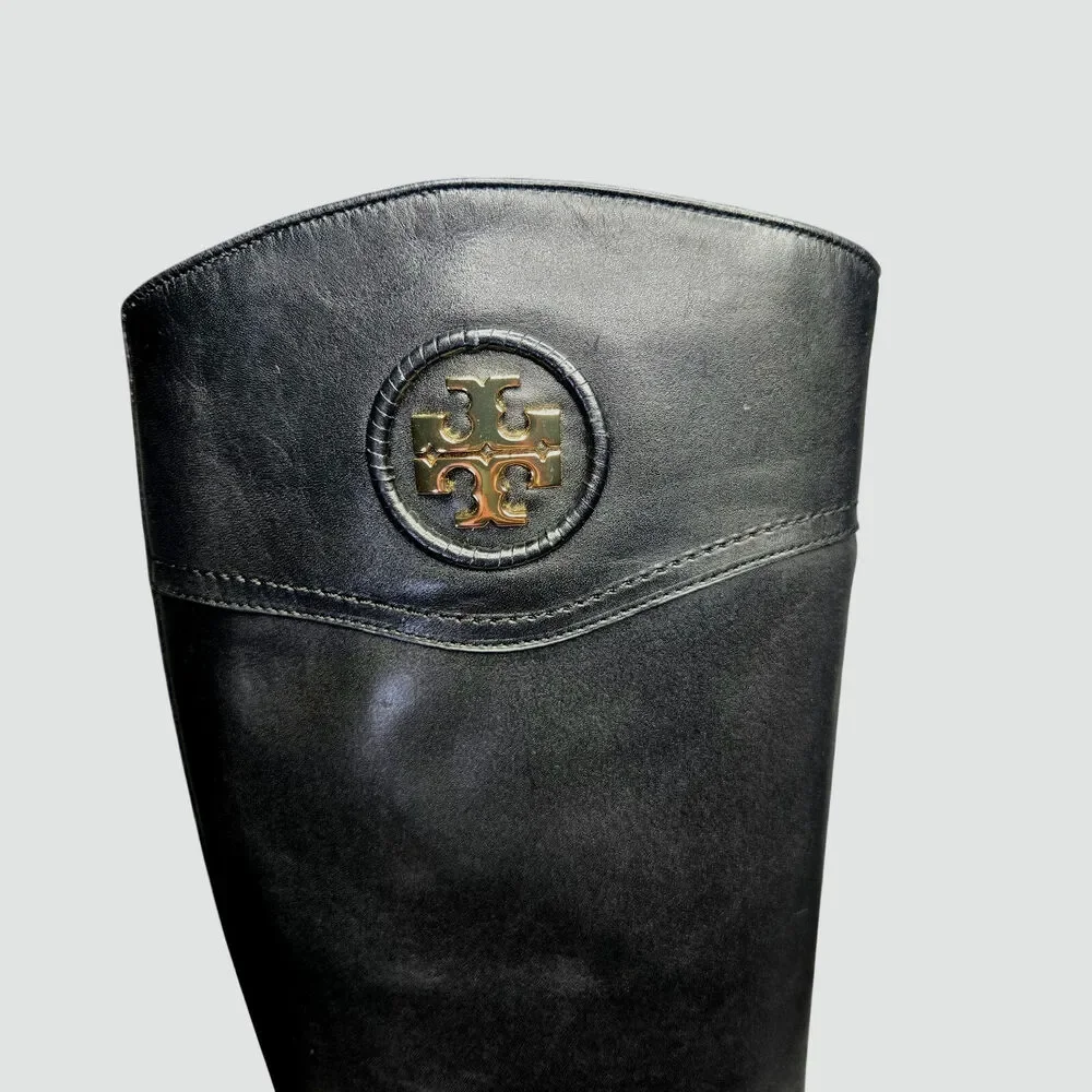New Tory Burch Womens Ashlynn Black Leather Gold Logo Tall Riding Boots 8.5